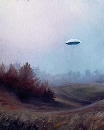 Ufo in the foggy fields 28 x 22 cm